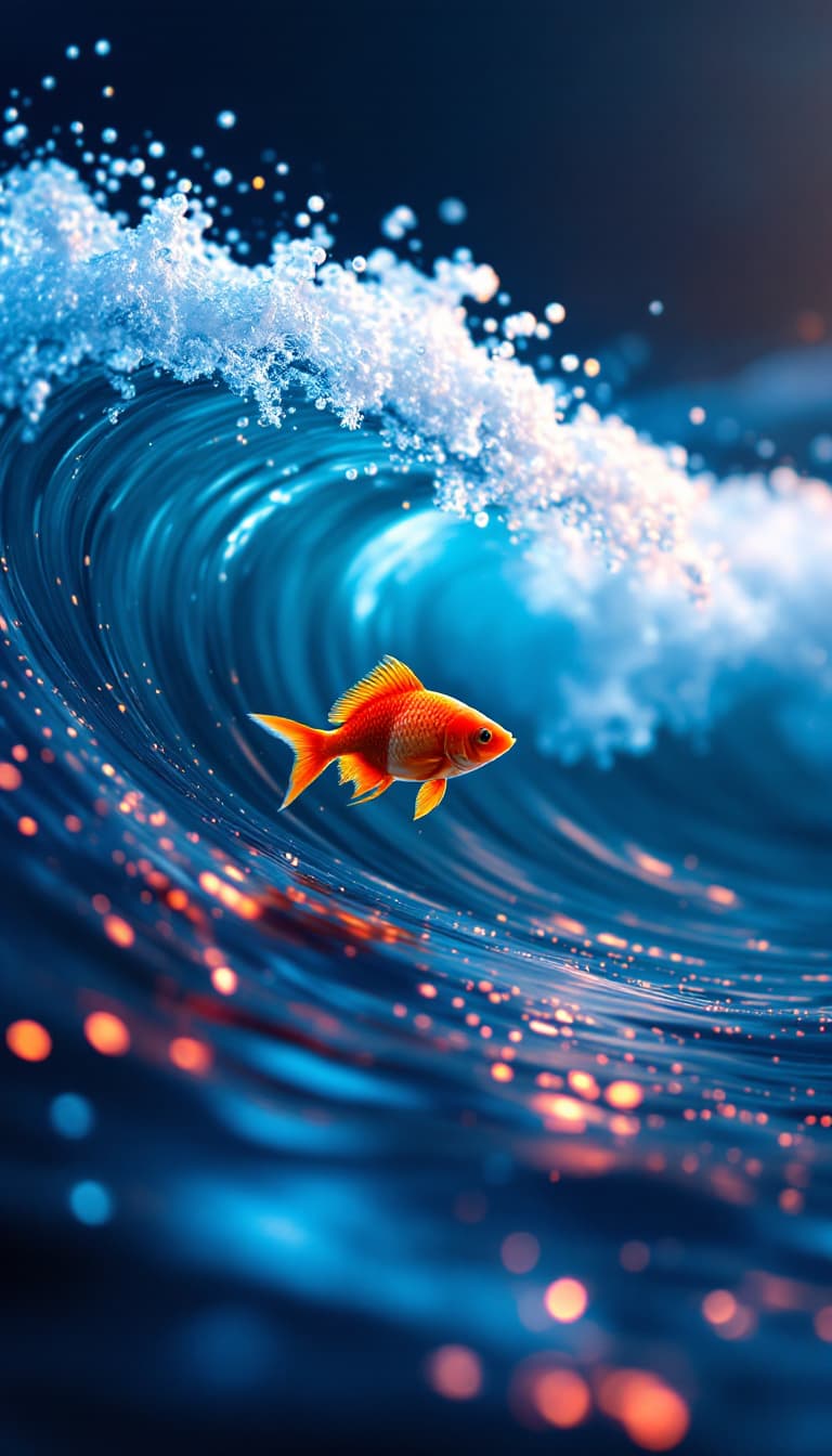 AI generated: Scene: A small red fish swimming in a sea wave.
Features: The moving water with wave effects and glo...