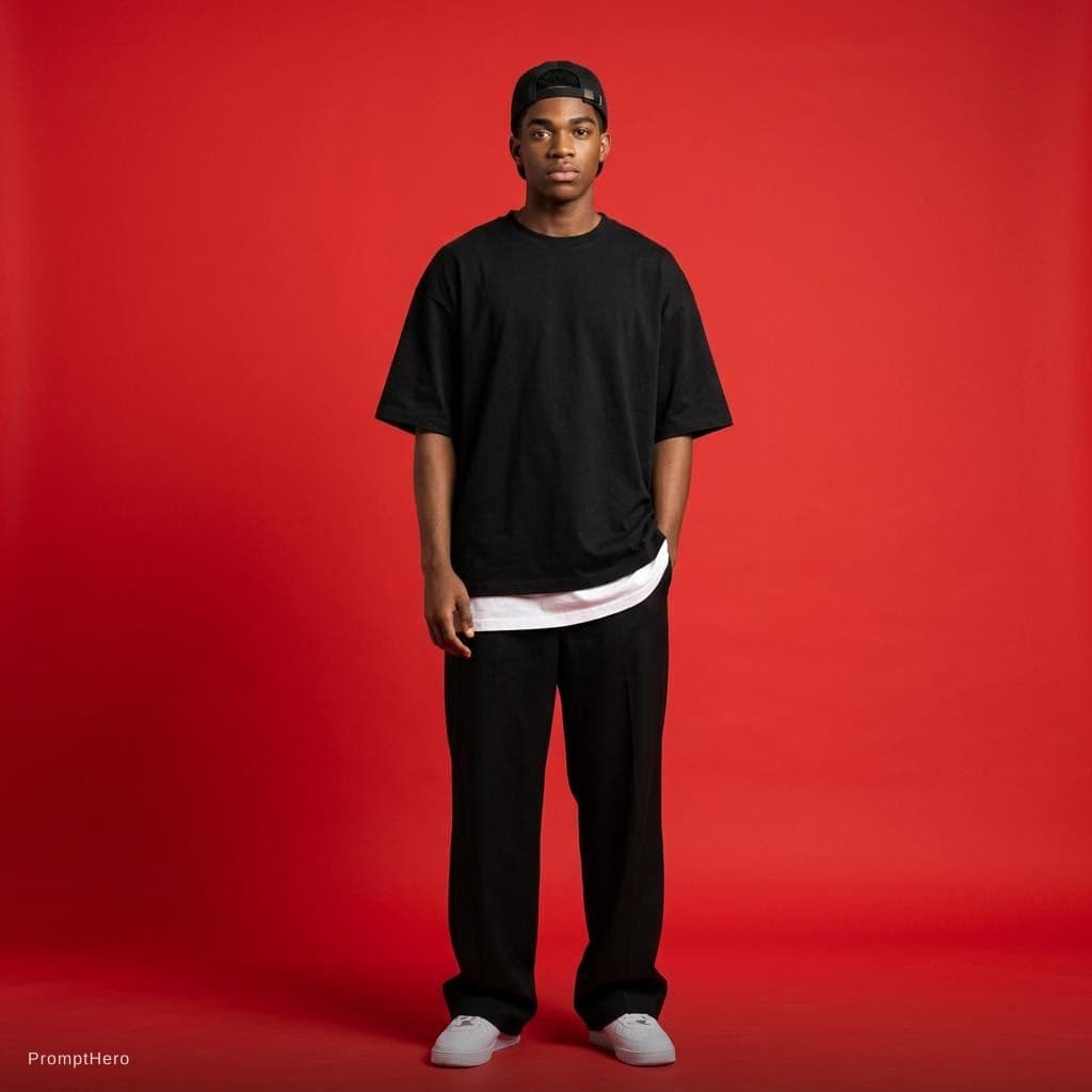 AI generated: capturing a casual yet stylish vibe, a figure in a loose, oversized black street wearing and wide-le...