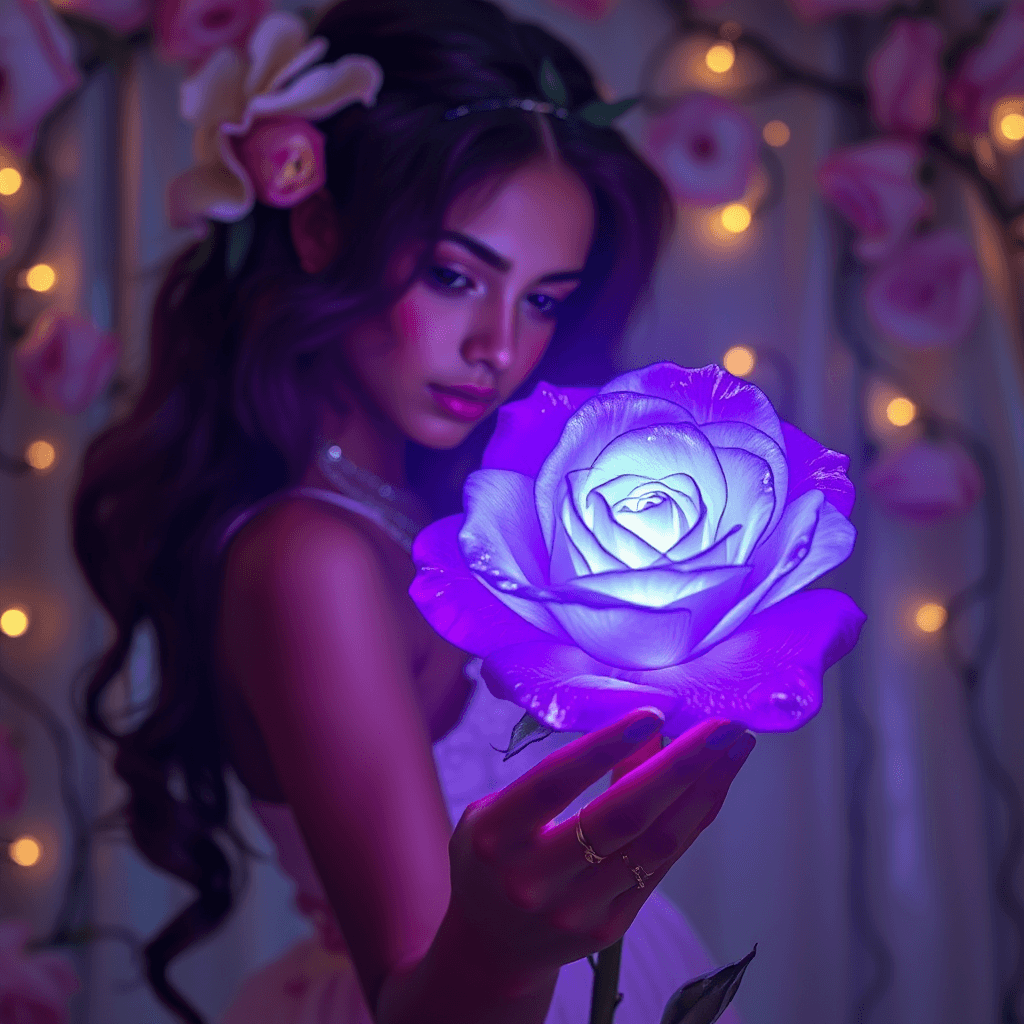 AI generated: The biopunk beautiful girl in love holds a shining violet transparent rose: extremely detailed, fant...