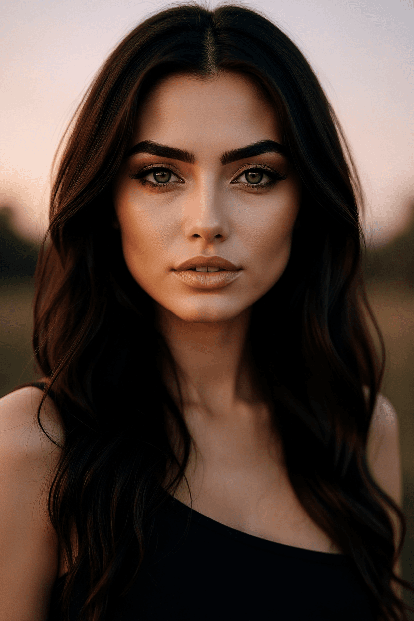 AI generated: "Warm, soft lighting, slightly dark tones, dreamy atmosphere. Portrait of a supermodel with long wav...