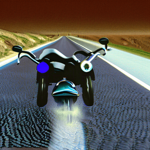 AI generated: hi resolution 3D picture of a dog driving a motorcycle through a road next to the beach