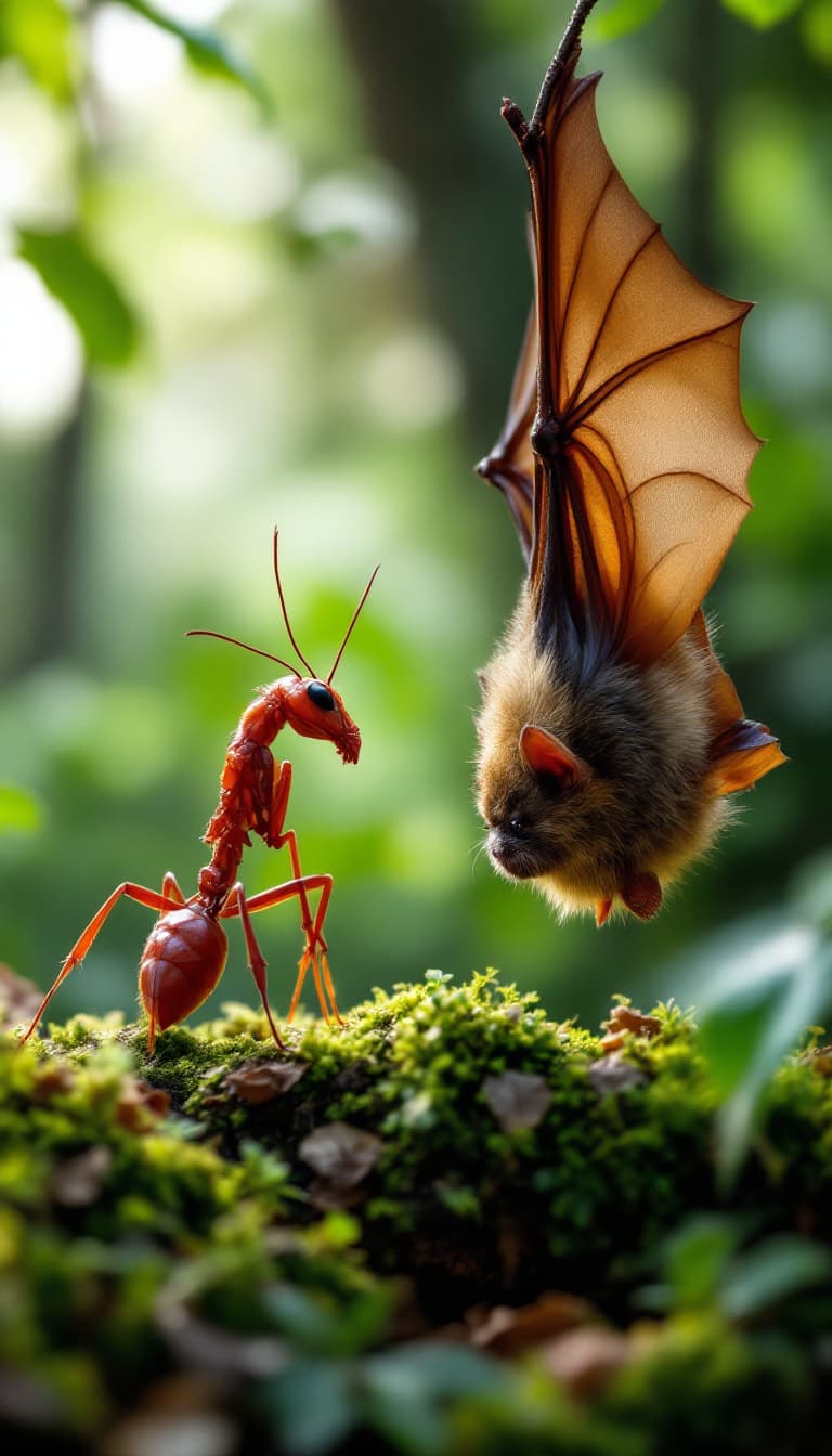 AI generated: A striking encounter between a red ant and a bat in a dense forest setting. The red ant, highly deta...