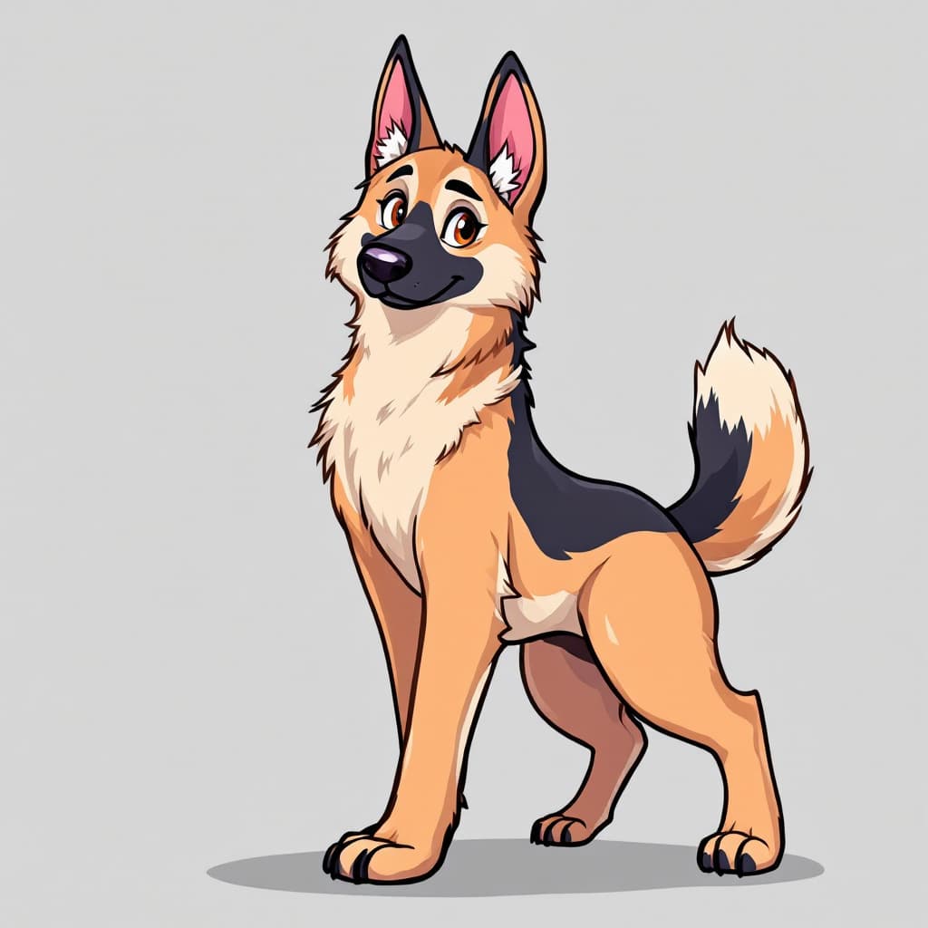 AI generated: **Prompt:**  
*"Anthropomorphic German Shepherd furry character, full-body portrait. Design details:...