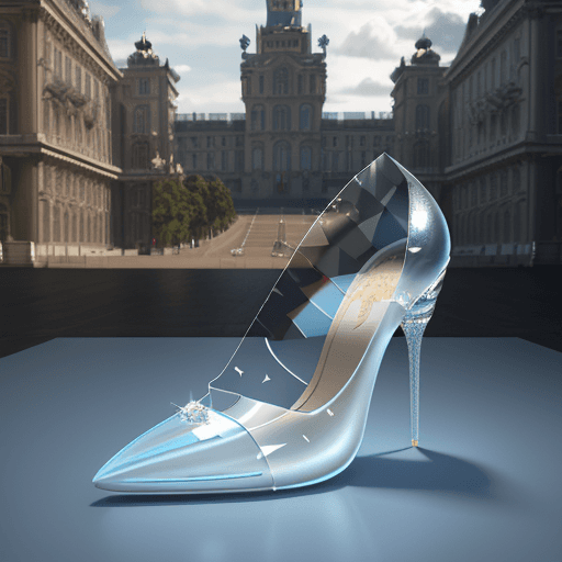 AI generated: Cinderella's very high crystal transparent stiletto heel, against the backdrop of the royal palace::...