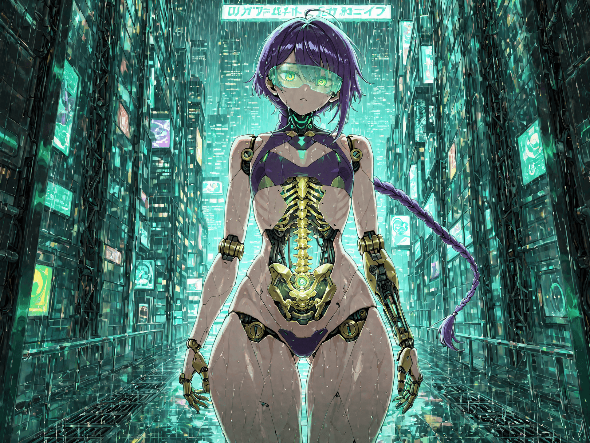 AI generated: ultra-realistic female android on a neon-lit rooftop in heavy rain, long wet purple single purple br...