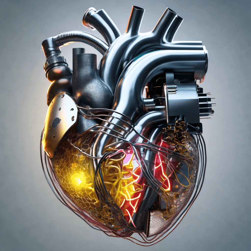 AI generated: Artificial heart, wires, tubes, hive, hyper realistic, 8k, hyper detailed, sparks, glow, vibrant col...