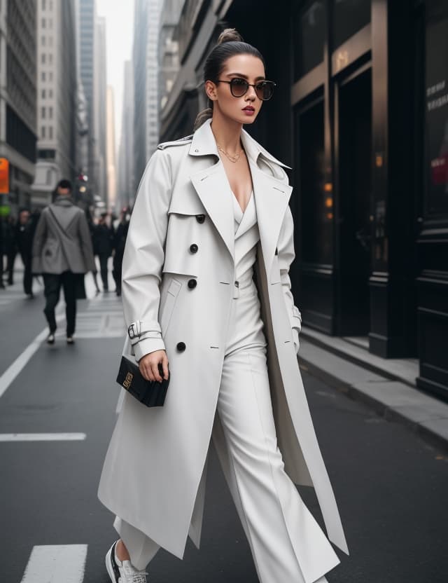 AI generated: Photo HD a model still a life walking pose,very detailed face , minimalist urban street style, overs...