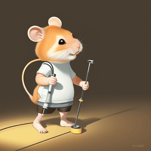 AI generated: ginger hamster 
with its leg in a cast using a pair of crutches.
warm lighting, happy mood. warm ton...