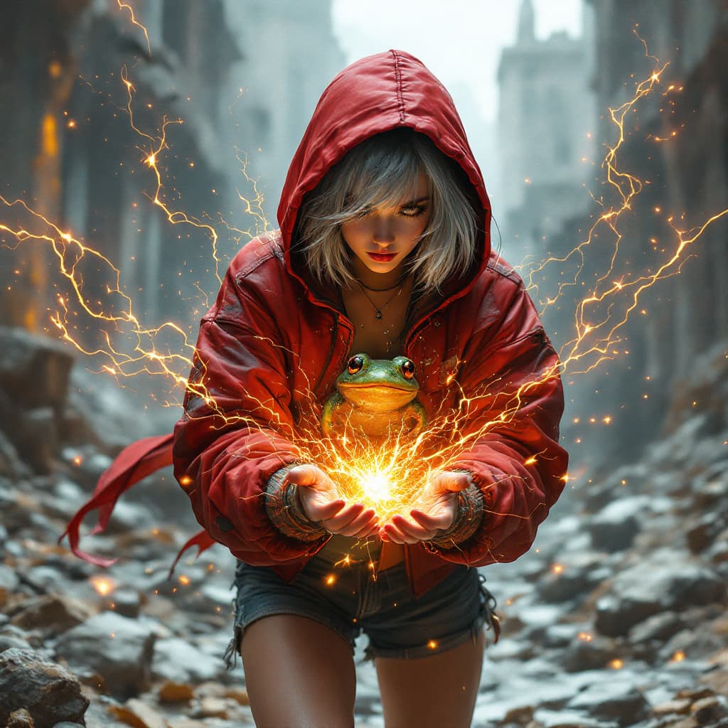 AI generated: full body view of a Girl Shining silver short hair peeking from under a stylish hooded red jacket, s...