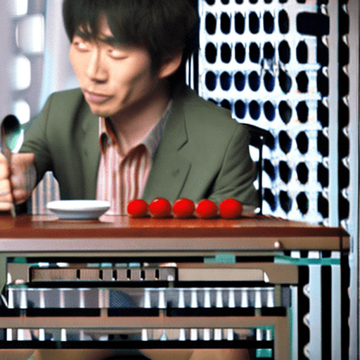 AI generated: Japanese handsome man sits at the table and he is bringing up a spoon to his mouth
