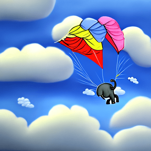 AI generated: Elephant with parachute, falling through the clouds