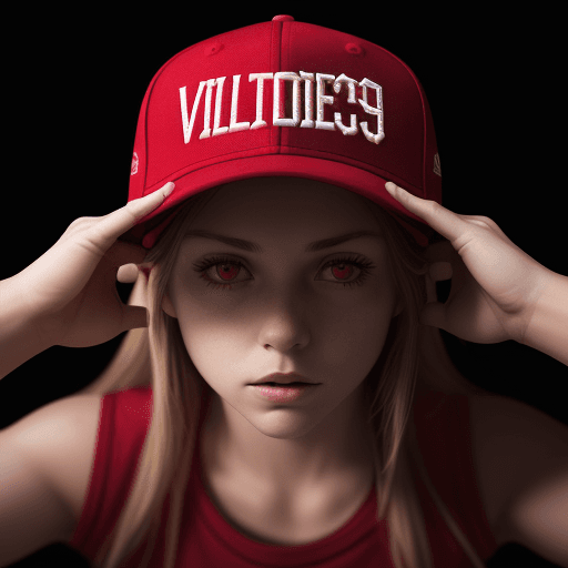 AI generated: High resolution apparel photography, red New Era baseball style cap, with the word,  "VICTIMS" on fr...