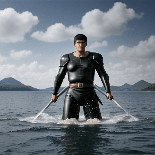 AI generated: Représentez une scène épique avec le protagoniste Guts de Berserk, flottant majestueusement sur un p...