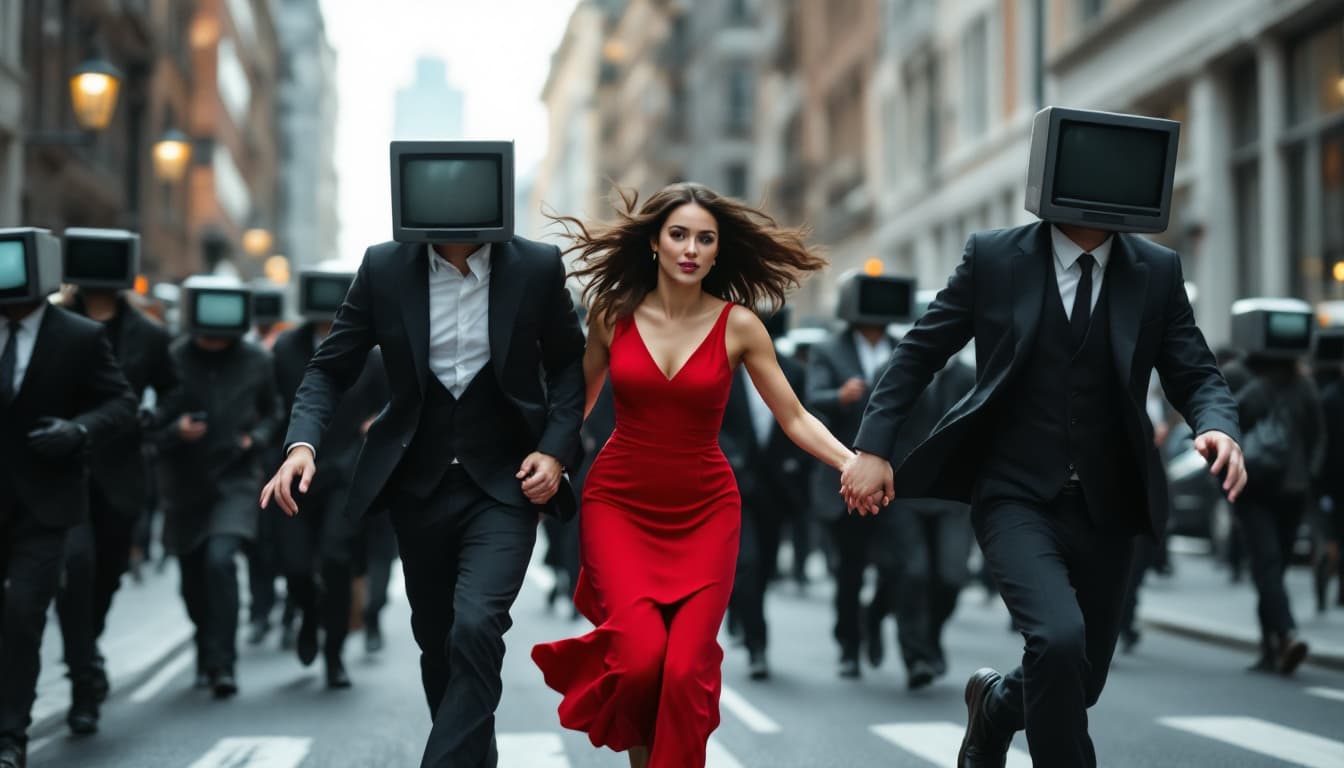 AI generated: A WOMAN AND A MAN HOLDING HANDS ARE RUNNING DOWN THE STREET. A WOMAN IN A RED DRESS. PEOPLE AROUND T...