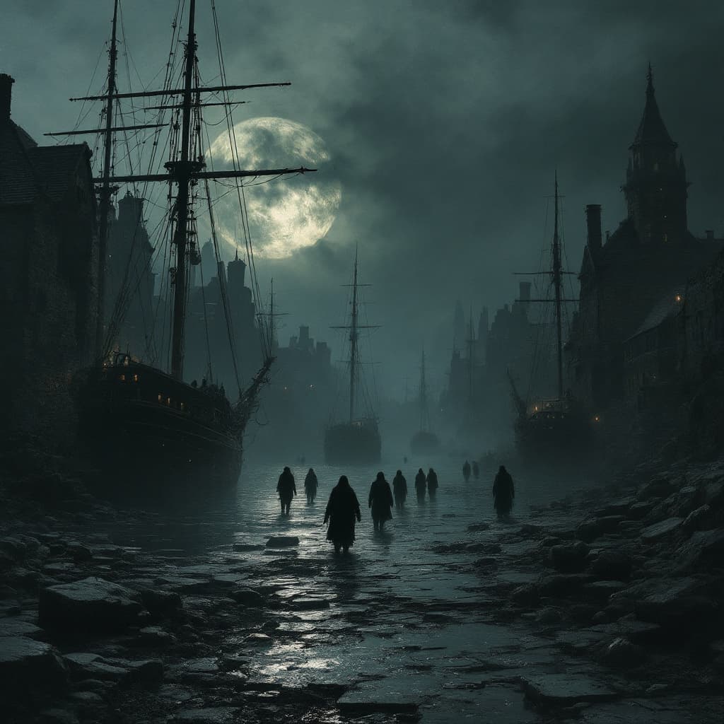 AI generated: old harbour with a lot of ghosts in the dark picture looks like picture of dungeon synth album