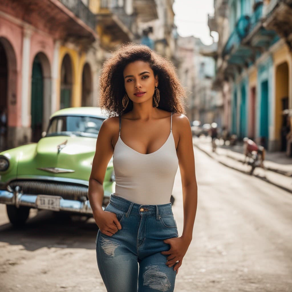 AI generated: a beautiful young hot, lusty, steamy Brazilian woman on a hot summer day in Havana. Panoramic shot w...