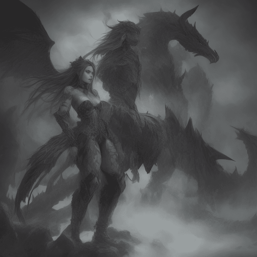 AI generated: A majestic Norse warrior maiden stands tall, against a ferocious black dragon. The maidens piercing ...