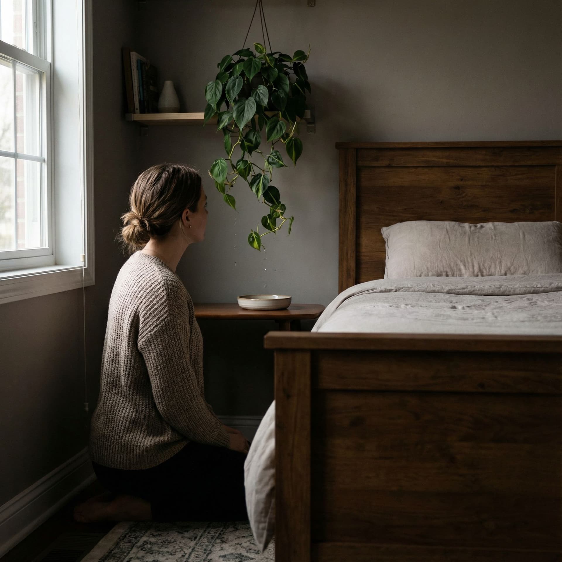 AI generated: Stepmommy kneeling on bedside staring at dripping vine t