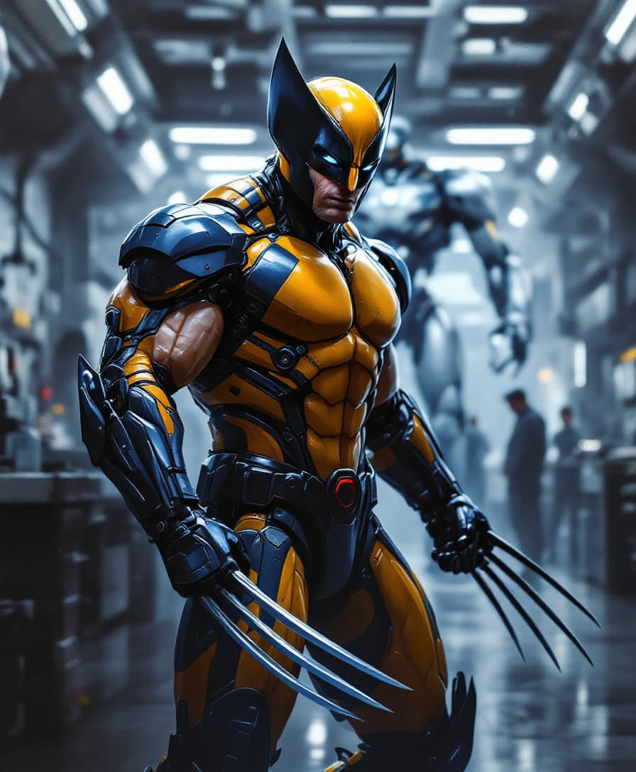 AI generated: Beautifully detailed acrylic oil painting. Full body shot of Wolverine with sharp claws and modern p...
