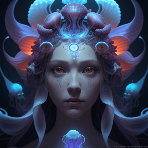 AI generated: Goddess close-up portrait ribcagel. jellyfish phoenix head, nautilus, orchid, skull, betta fish, bio...