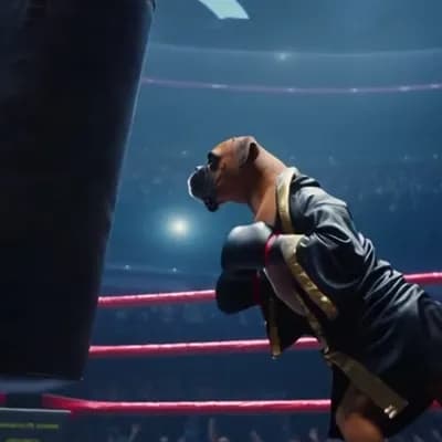 AI generated video: A cinematic video of a Boxer dog training alone in a crowded boxing arena. Instead of an opponent, t...