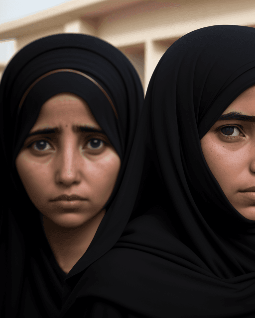 AI generated: Group of women at a university in irak, low perspective, dark tones, ultra-definition, 24k, full sho...