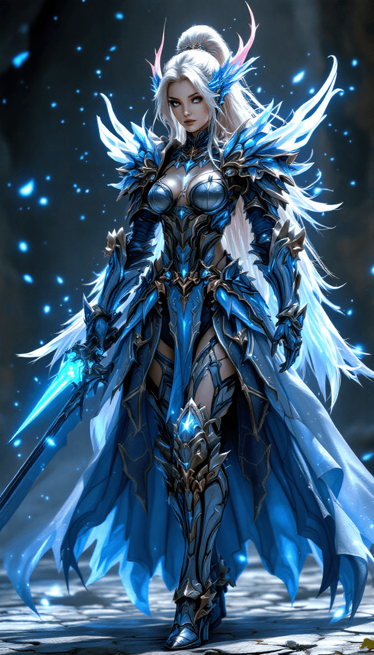 AI generated: final fantasy, babe, fantasy big beautifull armor with extrem many dettails and accesories, glowing,...