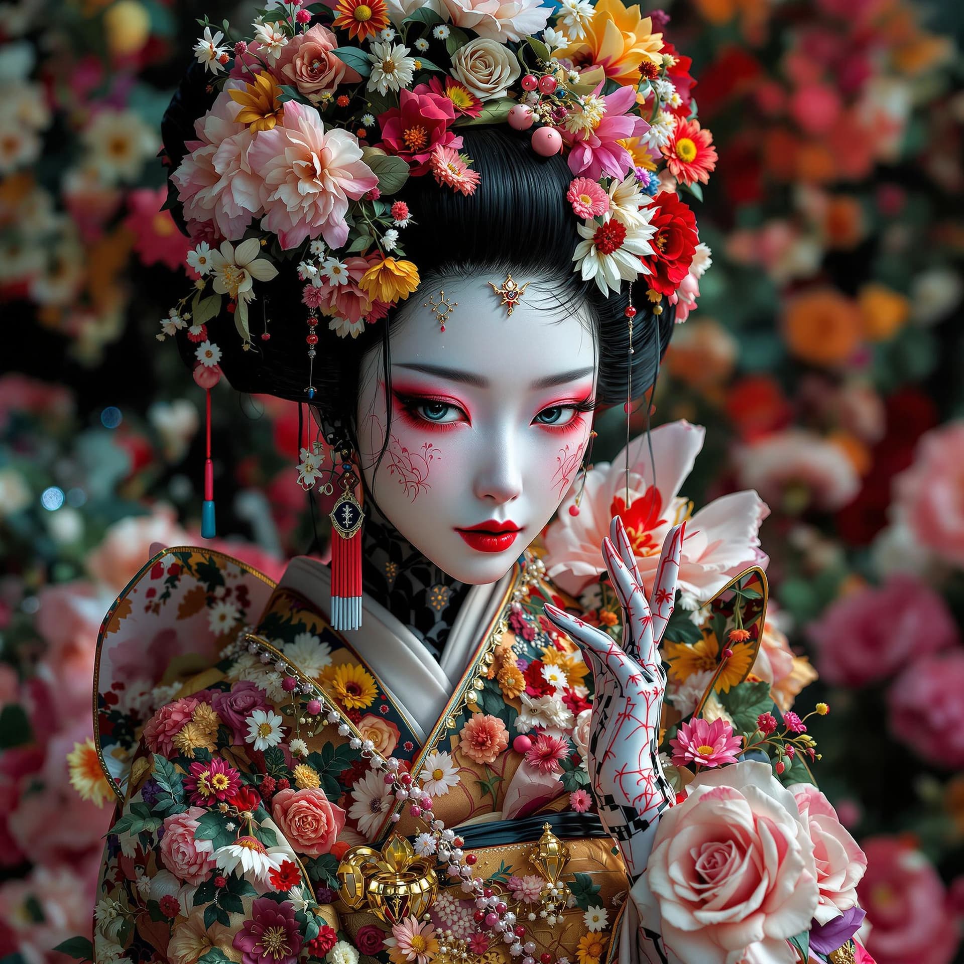 AI generated: Cyberpunk humanoid robot geisha, flower kimono, very colorful, depressed look, hypermaximalist, eleg...