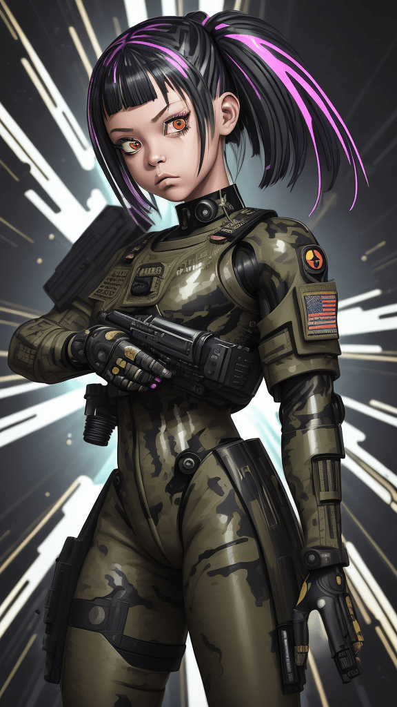 AI generated: in a funky background portrait of little (((((Cyborg female))))):5.5,wearing((army attire)):2.2, sho...