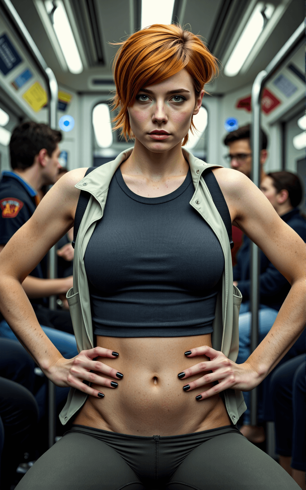 AI generated: A ginger woman with hands on hips sits confidently inside a London Underground train. Her copper hai...