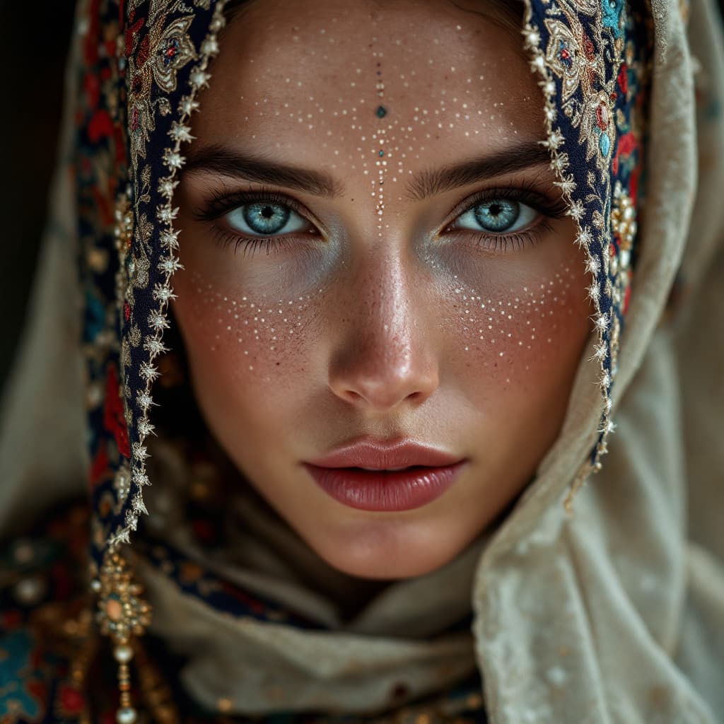 AI generated: the whole woman face, shoulders and chest are pierced with openwork threads in the style of Seljuk n...
