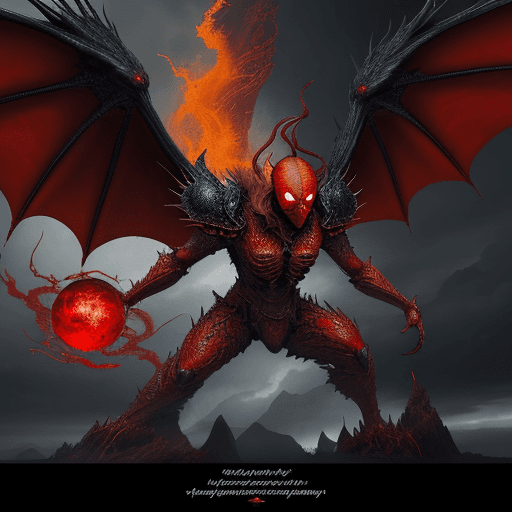 AI generated: An imposing red spider in a fantasy scene, with fiery eyes and a majestic stance, wings outstretched...