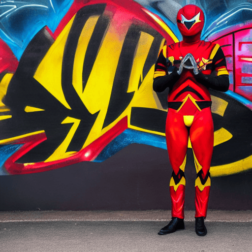 AI generated: a black man in a red and yellow superhero suit, wearing a red power ranger helmet holding spraycans ...