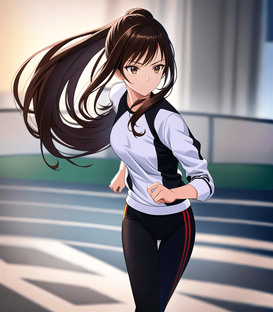 AI generated: (perfect anime illustration), 1girl, long brown hair, dark brown, outdoors, 5k, mile, outdoors, ((ru...