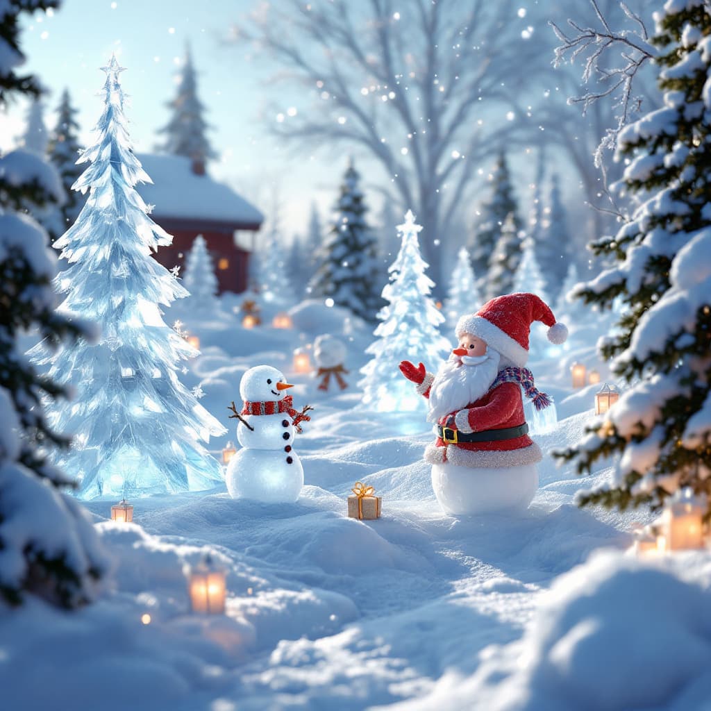 AI generated: 3D render of a photorealistic image of an ice town, ice fairy sculptures of Santa, snowman, Christma...