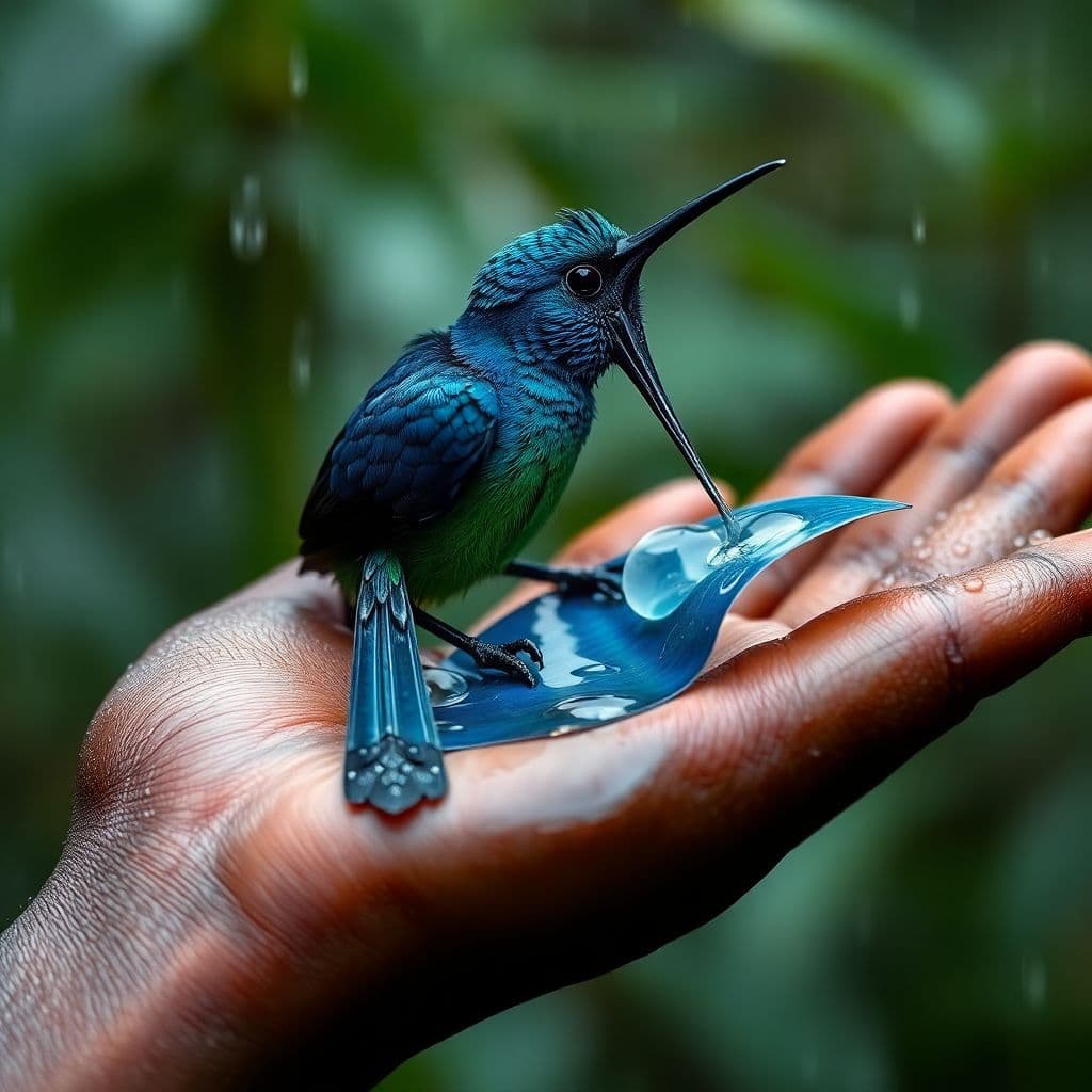 AI generated: Kolibri sitting in the palm of my black African  hand and drinks water from a blue leaf, very beauti...