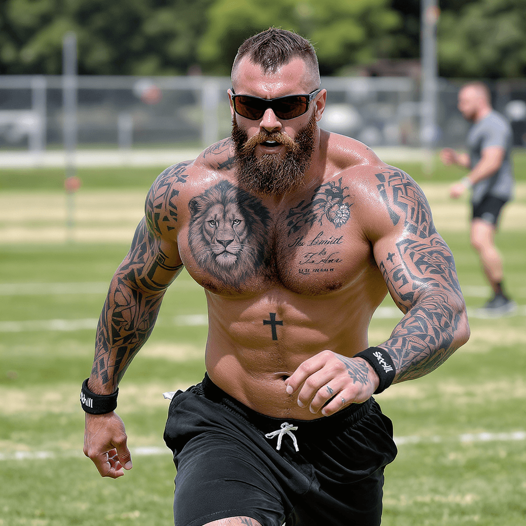 AI generated: A muscular, heavily tattooed man is caught mid-movement outdoors in a candid paparazzi-style magazin...
