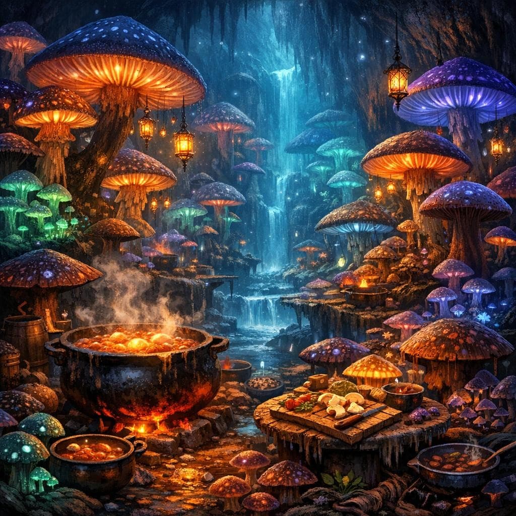 AI generated: Create a unique environment/Biome of a Cooking → Mushrooms → The Fungal Depths (giant glowing fungi ...