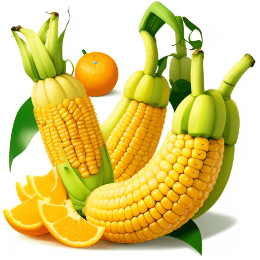 AI generated: please create picture of bananas, corn and oranges in cartoon form