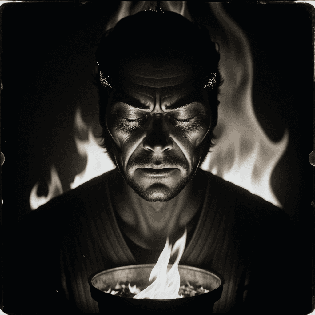AI generated: sinister man [moon:8], open head, closed eyes, lofi vintage camera, vignette wet plate, 8k, cinemati...