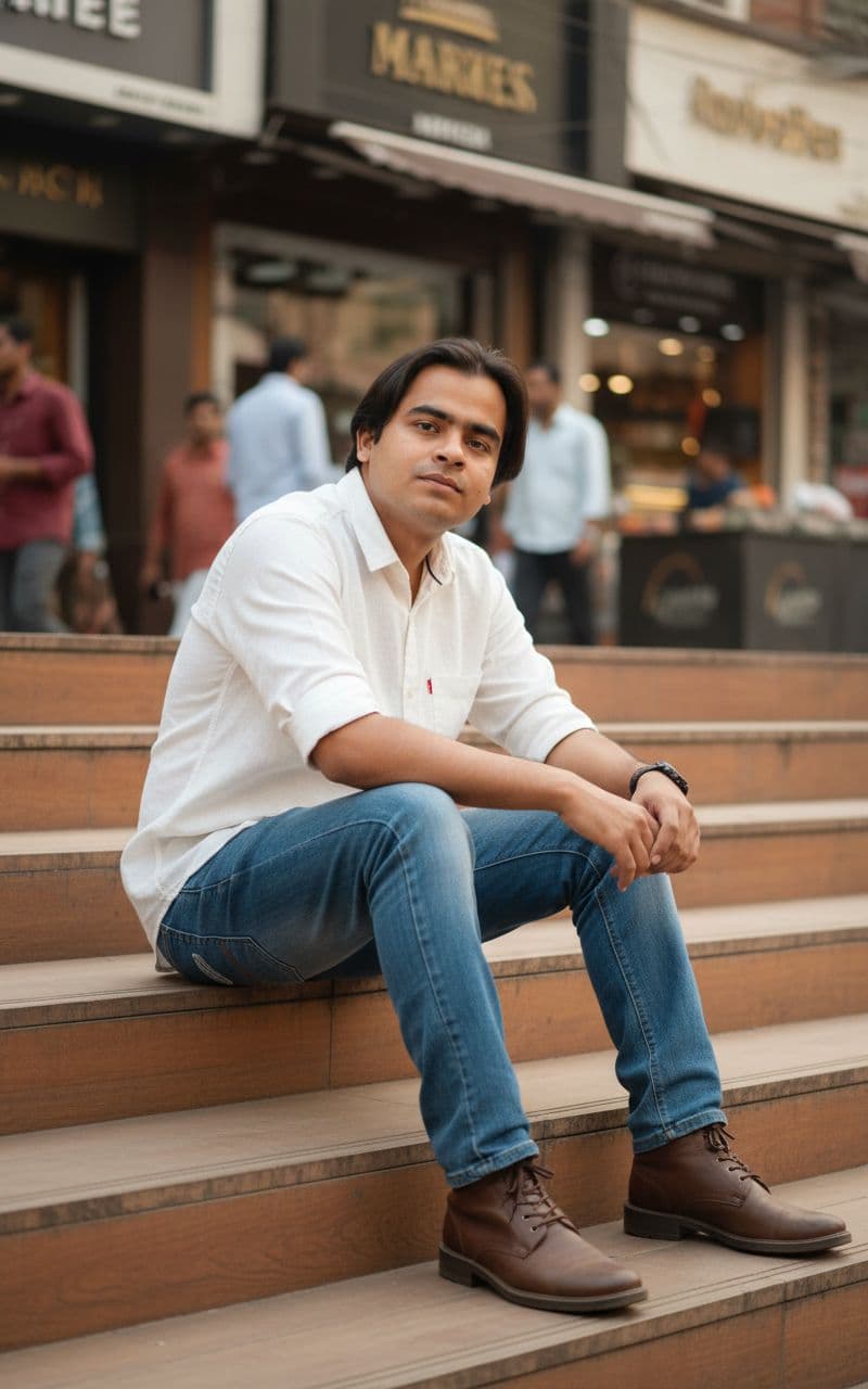 AI generated: Outdoor street-portrait in New Friends Colony CC Market, New Delhi.



A stylish young man (use ...