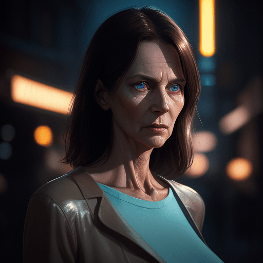 AI generated: Cinematic Film Portrait showing female woman, 60 years old, thin lips, brown hair, blue eyes, skin i...
