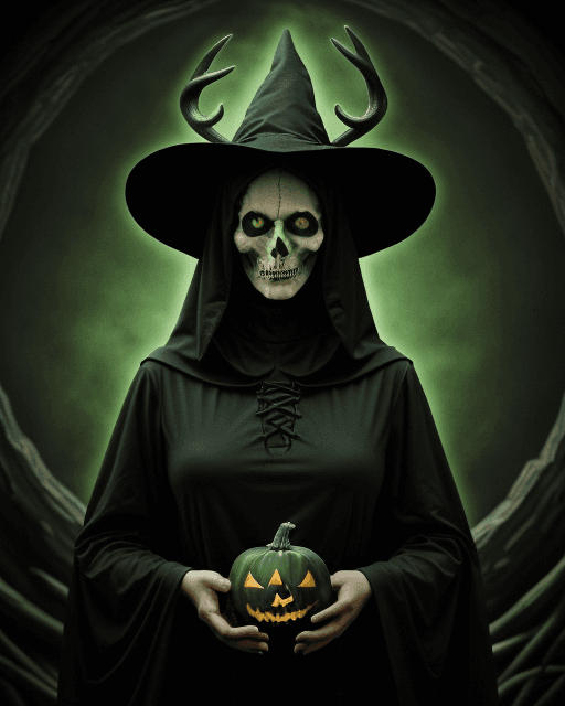 AI generated: Panopticon Halloween pumpkin: A Black Hat Witch, she holds a big scythe, hooded figure, gloomy green...