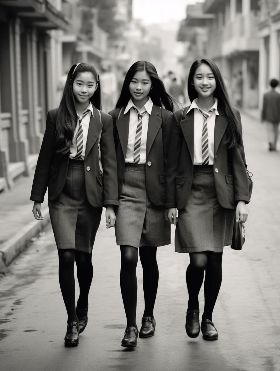 AI generated: a black and white photo of three women walking down a street, a picture, tumblr, shin hanga, japanes...