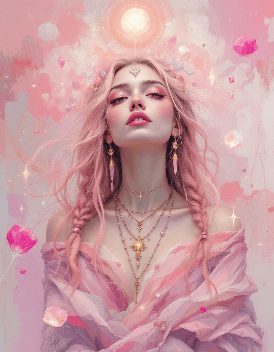 AI generated: "Rose Quartz Mystic in a Realm of Souls": A mesmerizing abstract painting depicts a mystic, with bot...
