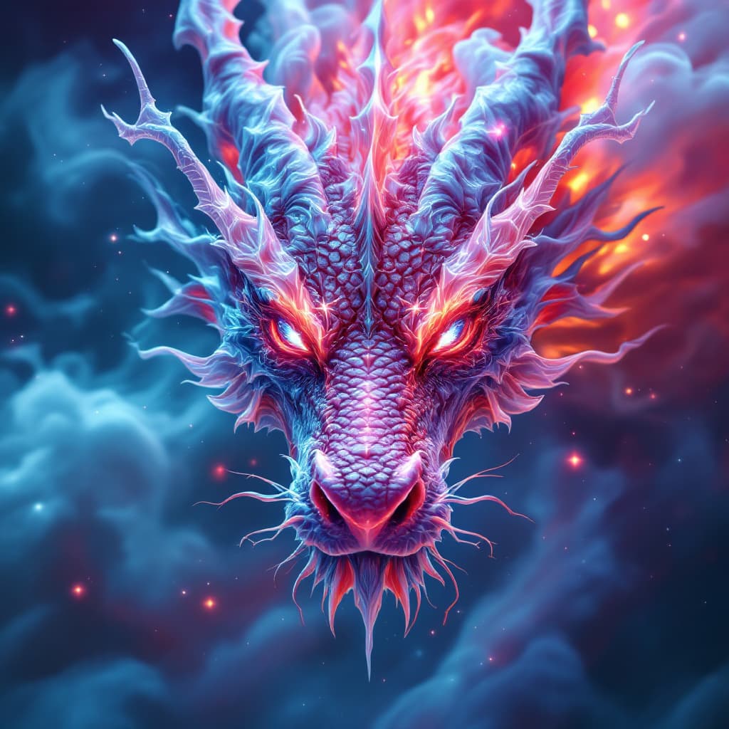 AI generated: a majestic luminous iridescent pink and burgundy dragon's face with detailed scales front view close...