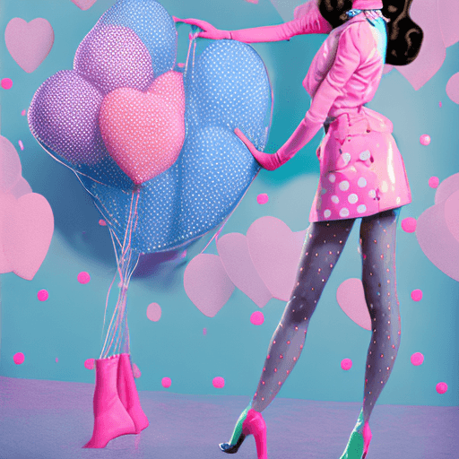AI generated: Erotic young Audrey Hepburn in pastel-colored latex,Cut-out chain harness,polka dot outfit with hear...