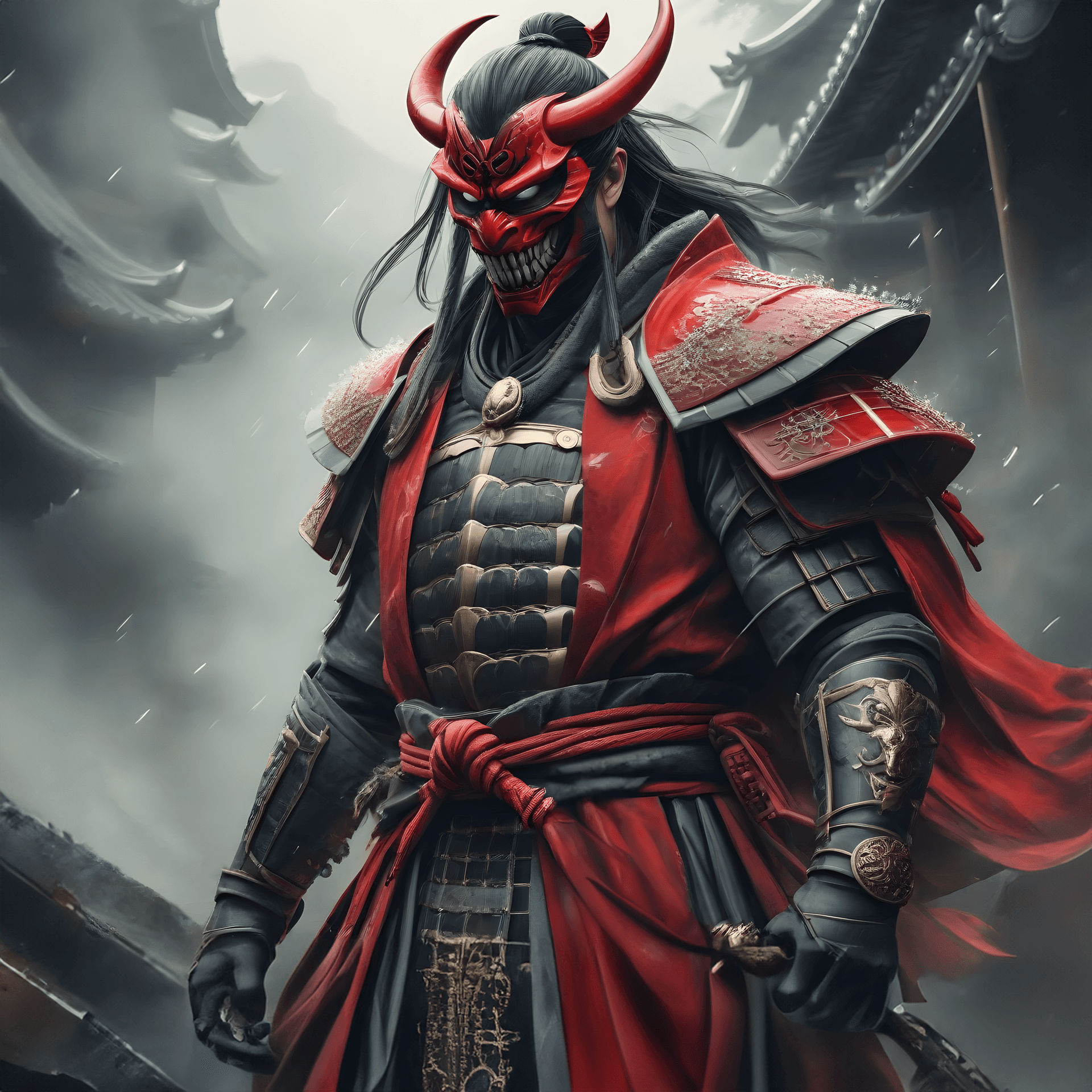 AI generated: Ruthless Underground samurai, Digital illustration, modern era, predominantly red and grey tones.