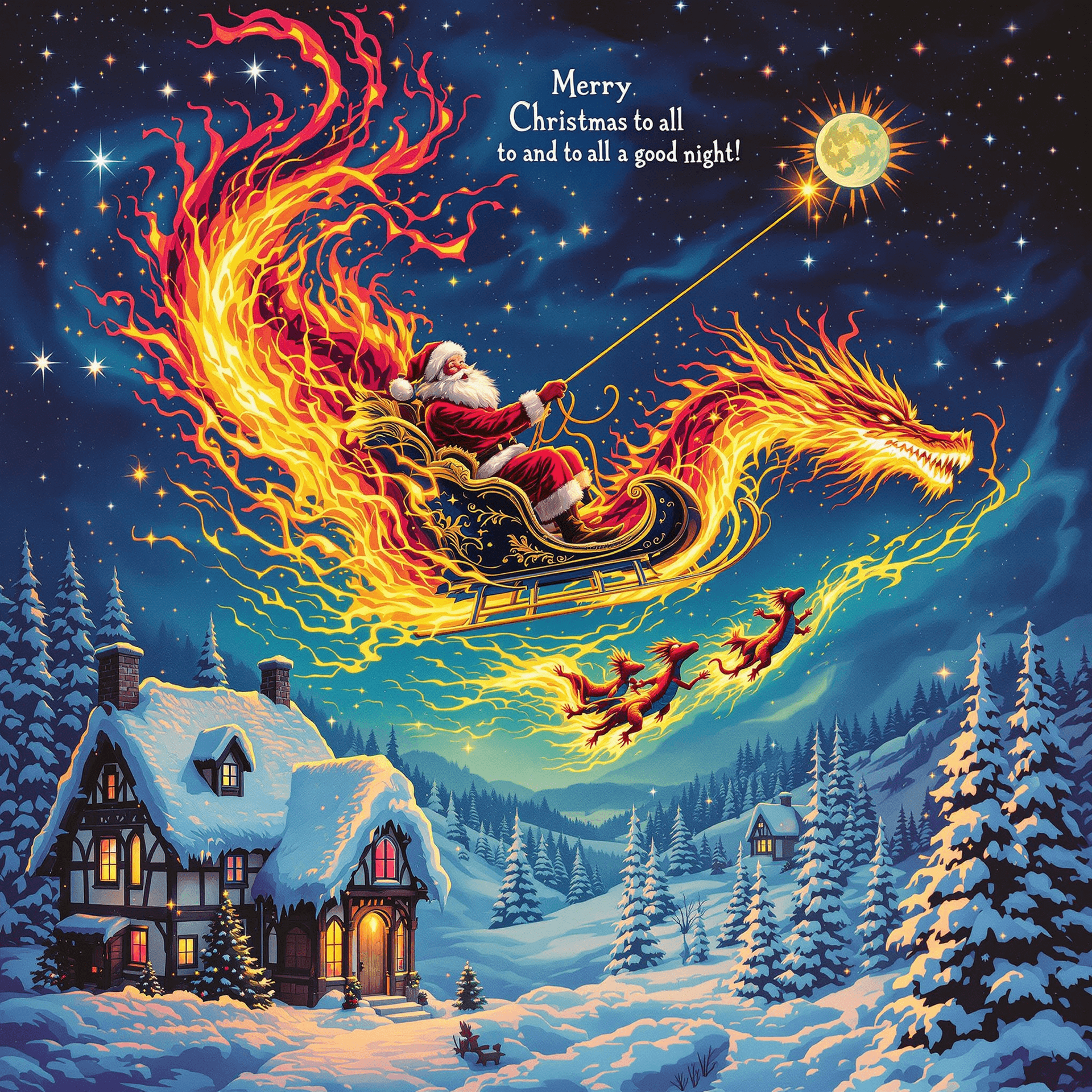 AI generated:  Merry Christmas to all and to all a good night in print on top of the picture. Psychedelic, surreal...