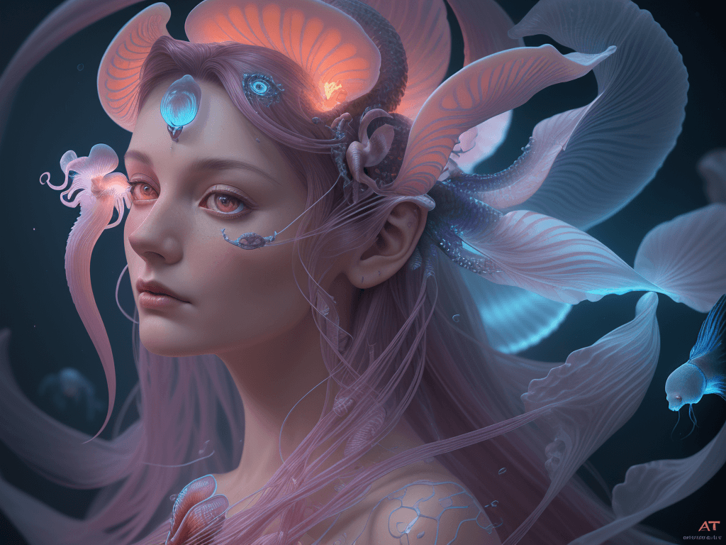 AI generated: Goddess close-up portrait ribcagel. jellyfish phoenix head, nautilus, orchid, skull, betta fish, bio...